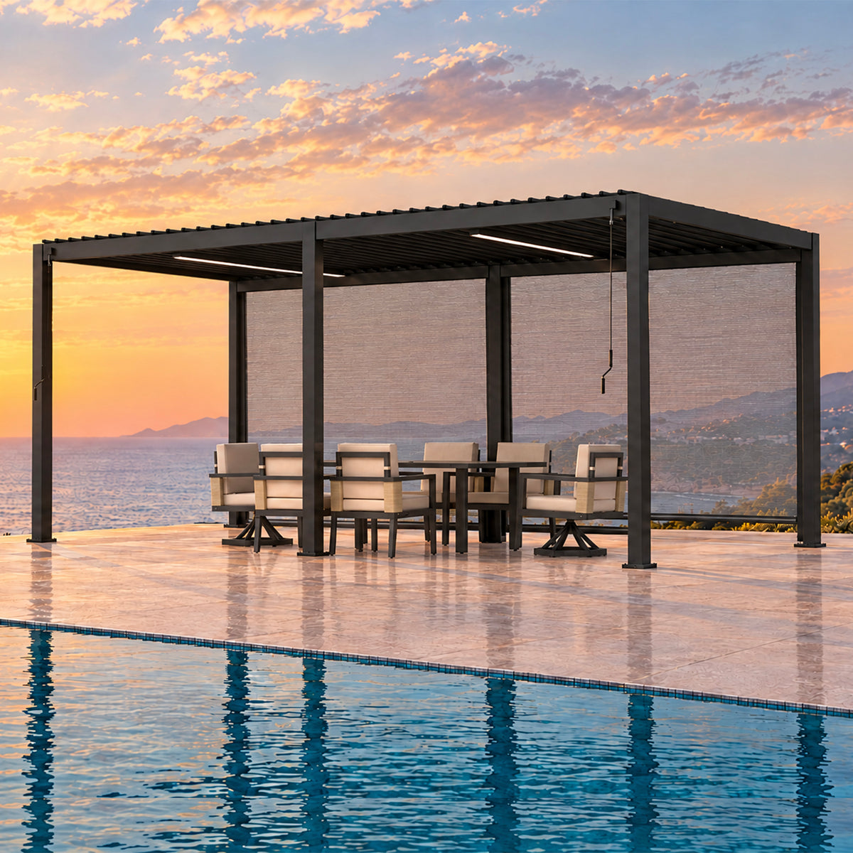 Bundle Set - 111DA 10'x20' Pergola + Siena 7-Piece Dining Set + 2 * 10' Pull Down Screen + 2 * 10' LED Light Bar with Power Supply