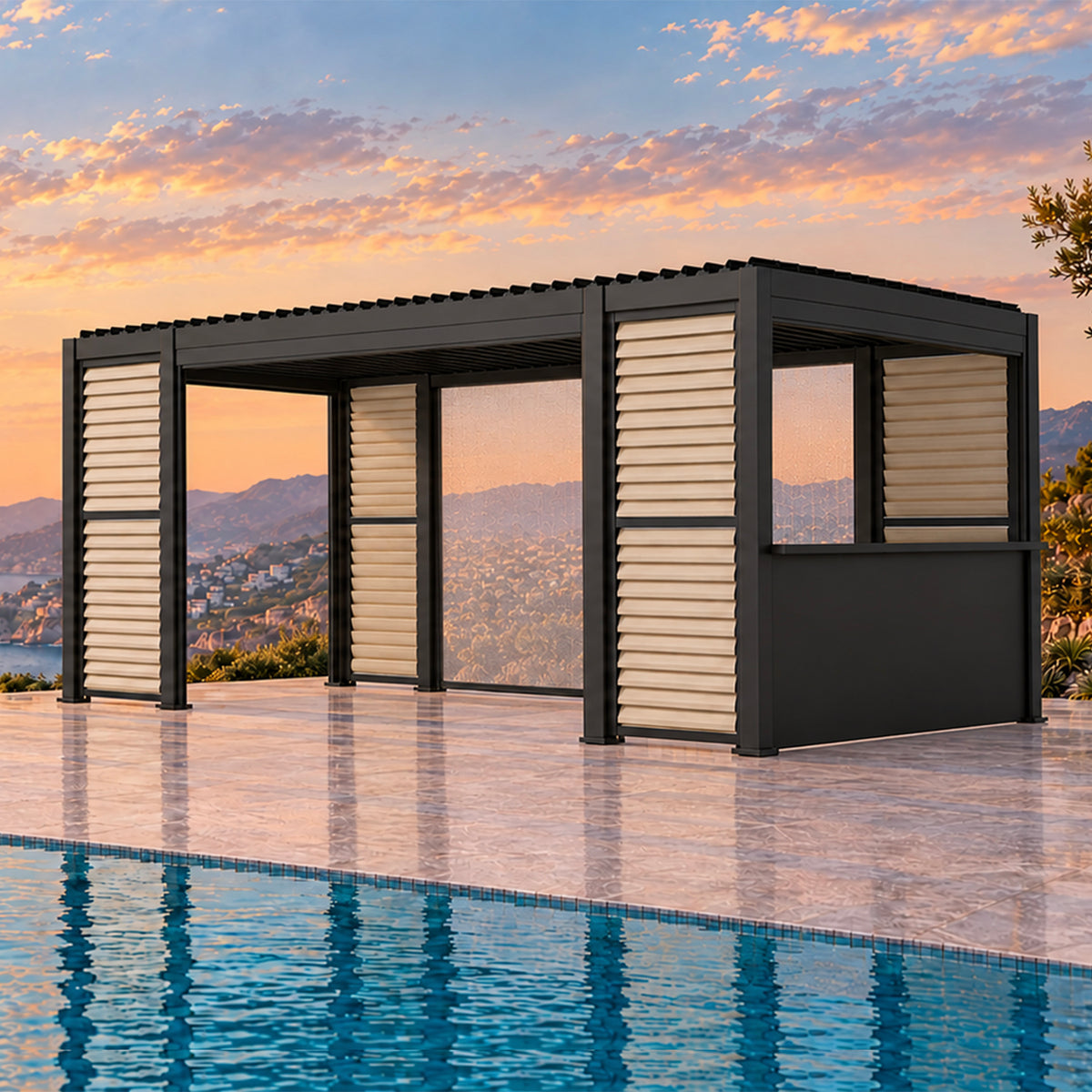 Bundle Set - 111S ViewScape 10'x20' Pergola + 10' Bar Counter Wall with Pull Down Screen +10' Pull Down Screen + 13' Pull Down Screen *2