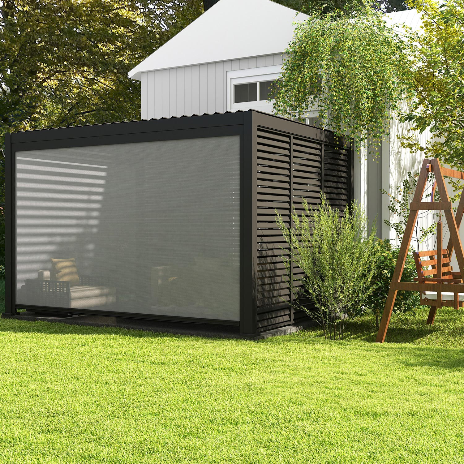 PULL DOWN SCREEN CHARCOAL PERGOLA