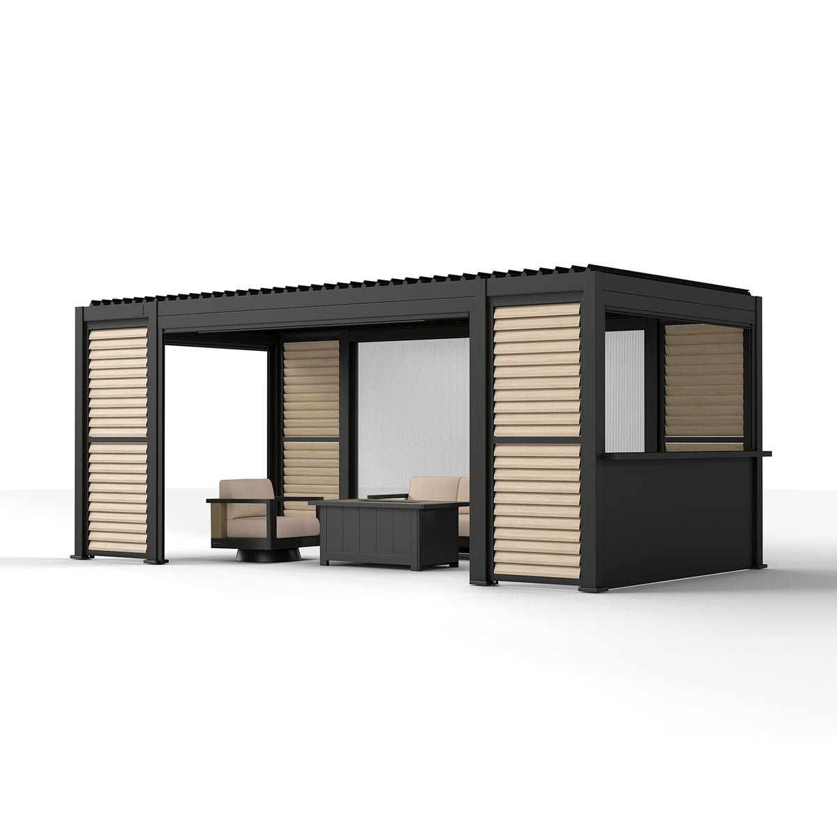 Bundle Set - 111S ViewScape 10'x20' Pergola + Siena 4-Piece Fire Pit Seating Set + 10' Bar Counter Wall with Pull Down Screen +10' Pull Down Screen + 13' Pull Down Screen *2