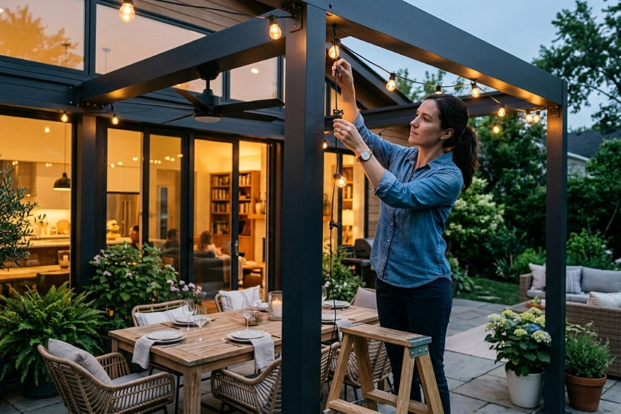 Mirador Pergola Lighting Ideas: String Lights, Clips, Fans, and Safe Mounting Tips