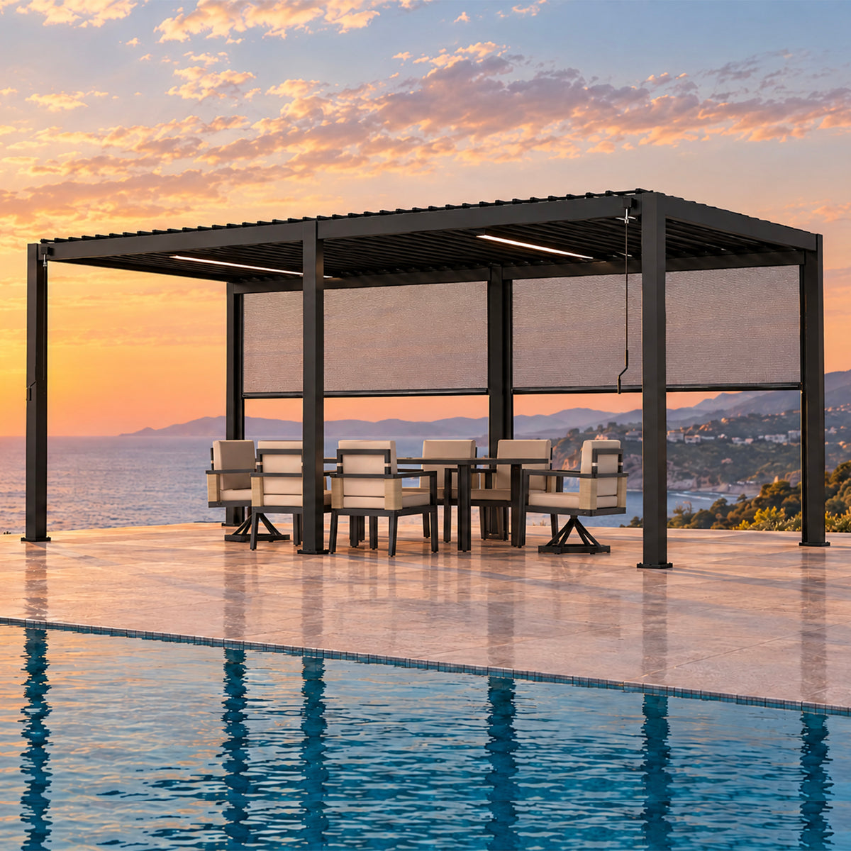 Bundle Set - 111DA 10'x20' Pergola + Siena 7-Piece Dining Set + 2 * 10' Pull Down Screen  + 2 * 10' LED Light Bar with Power Supply