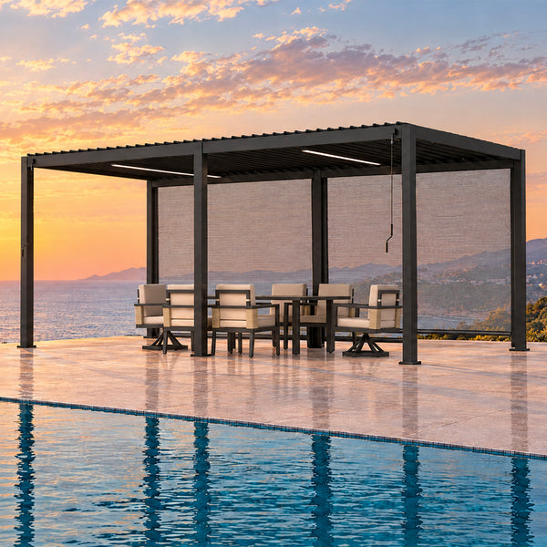 Bundle Set - 111DA 10'x20' Pergola + Siena 7-Piece Dining Set + 2 * 10' Pull Down Screen  + 2 * 10' LED Light Bar with Power Supply