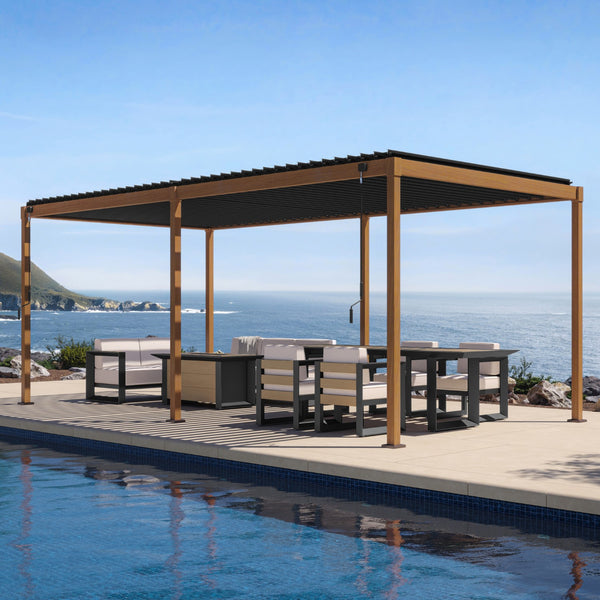 HOLIDAY SLAYER 151 × FLUX PR M MIRADOR 111S 10'x20' CHERRY OAK PERGOLA | LOUVERED ALUMINUM