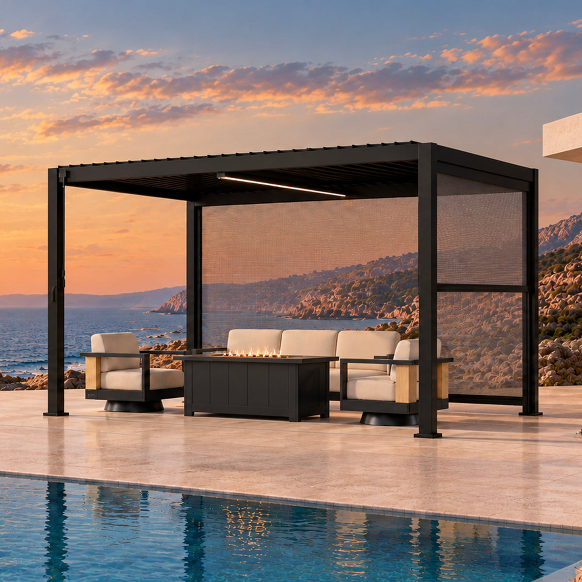 Bundle Set - 111DA 10'x13' Pergola + Siena 4-Piece Fire Pit Seating Set + 10' Pull Down Screen + 13' Pull Down Screen + 10' LED Light Bar with Power Supply