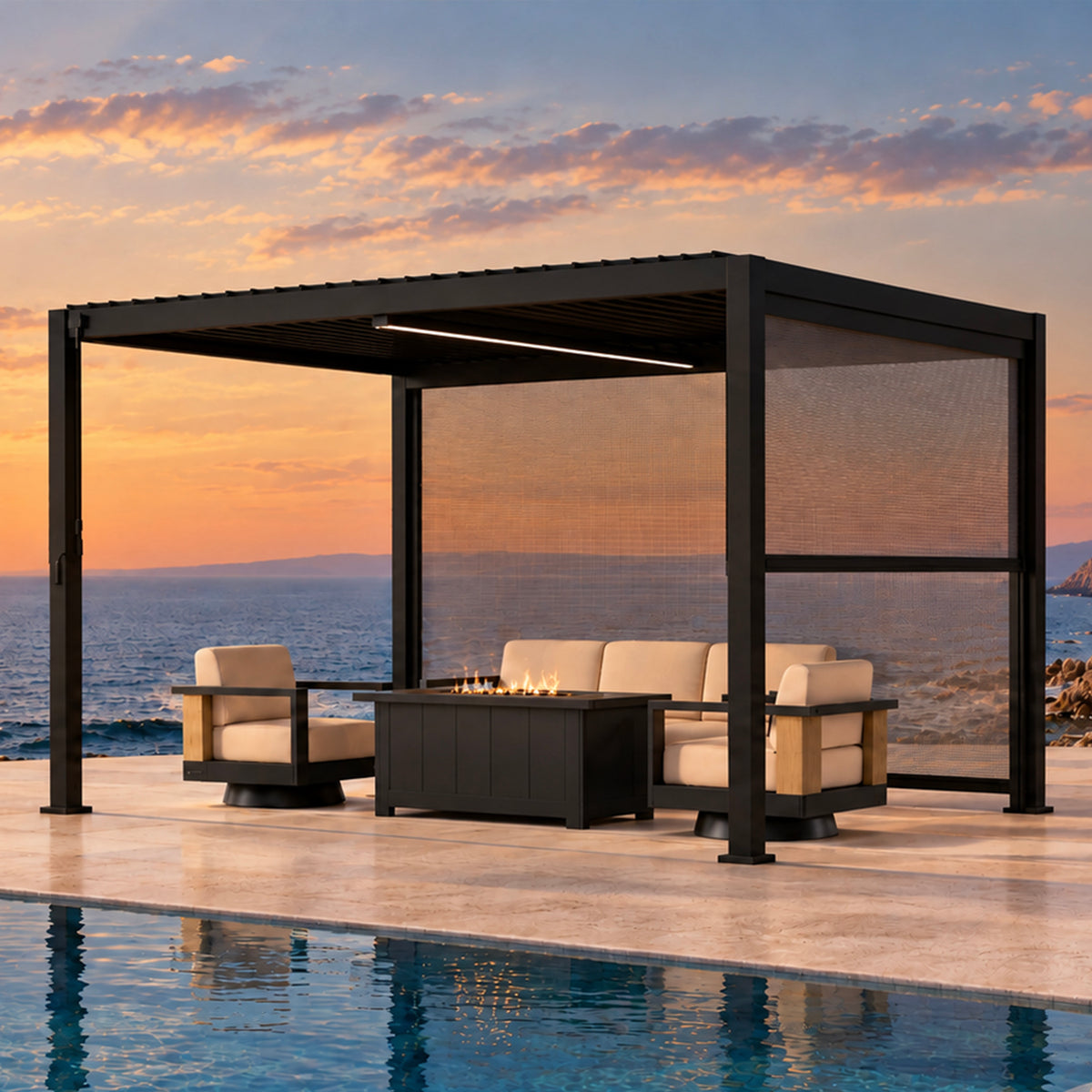 Bundle Set - 111DA 10'x13' Pergola + Siena 4-Piece Fire Pit Seating Set + 10' Pull Down Screen + 13' Pull Down Screen + 10' LED Light Bar with Power Supply