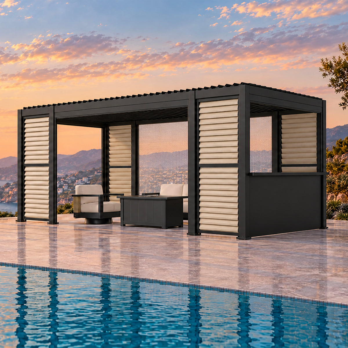 Bundle Set - 111S ViewScape 10'x20' Pergola + Siena 4-Piece Fire Pit Seating Set + 10' Bar Counter Wall with Pull Down Screen +10'  Pull Down Screen + 13' Pull Down Screen *2